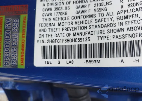 2016 Honda Civic Ex-T из США, поврежденный, VIN 2HGFC1F36GH659135